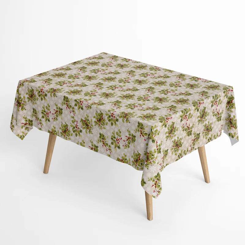 Jacquard Tischdecke aus beschichteter Baumwolle mit Fleckenschutz SNOWLEAF Weihnachten Stechpalme Schneeflocken eckig rund oval
