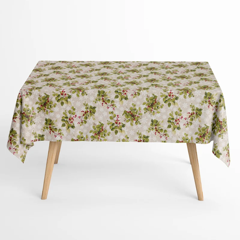 Jacquard Tischdecke aus beschichteter Baumwolle mit Fleckenschutz SNOWLEAF Weihnachten Stechpalme Schneeflocken eckig rund oval