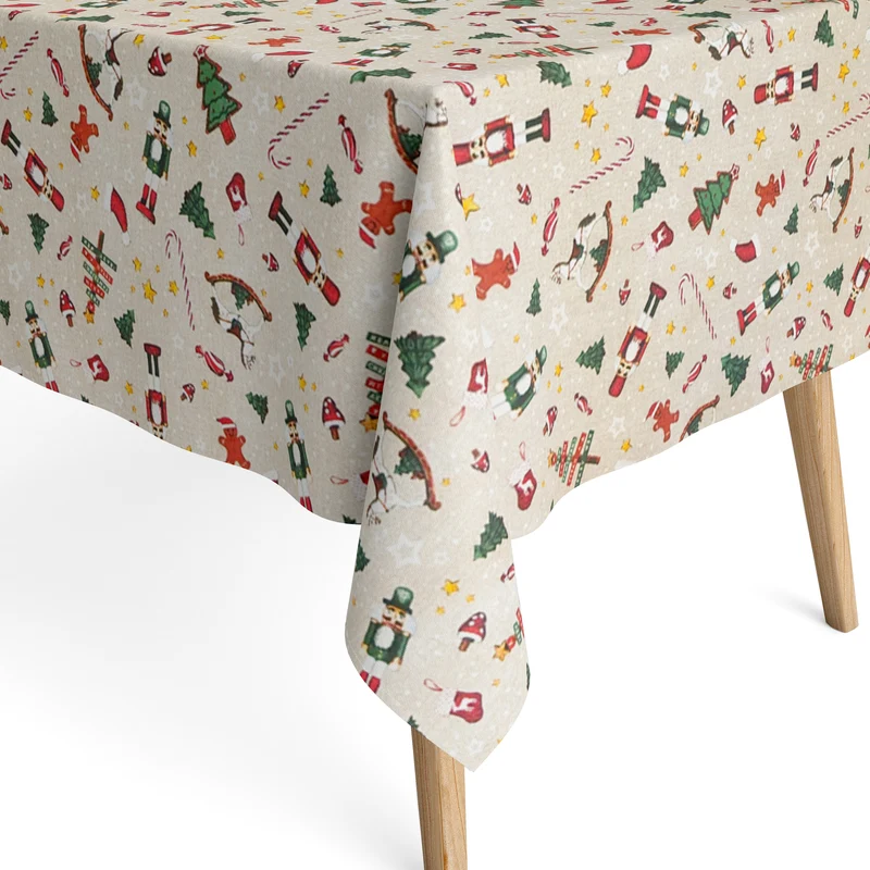 Jacquard Tischdecke aus beschichteter Baumwolle mit Fleckenschutz DUMAS FONDA CULLA Weihnachten Nussknacker Erzgebirge beige eckig rund oval