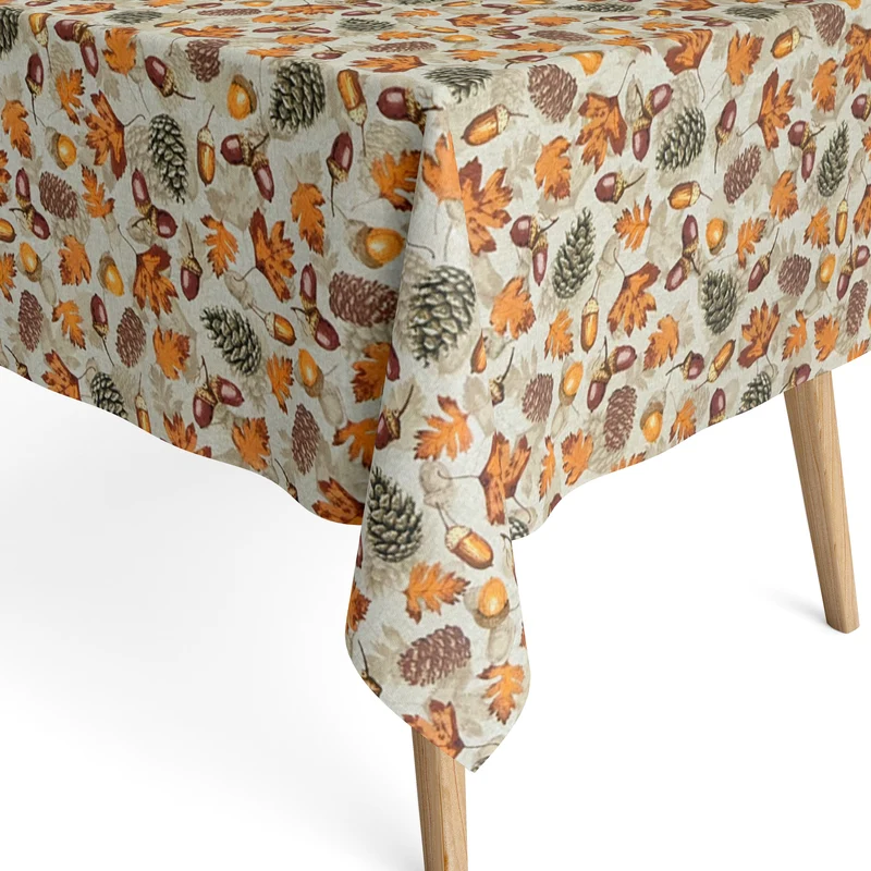 Jacquard Tischdecke aus beschichteter Baumwolle mit Fleckenschutz LLOTA Herbst Laub Tannenzapfen Eicheln autumm eckig rund oval