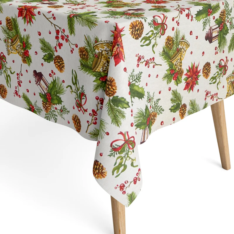 Jacquard Tischdecke aus beschichteter Baumwolle mit Fleckenschutz DAVOS Weihnachten Tannenzweige Tannenzapfen Mistelzweig eckig rund oval