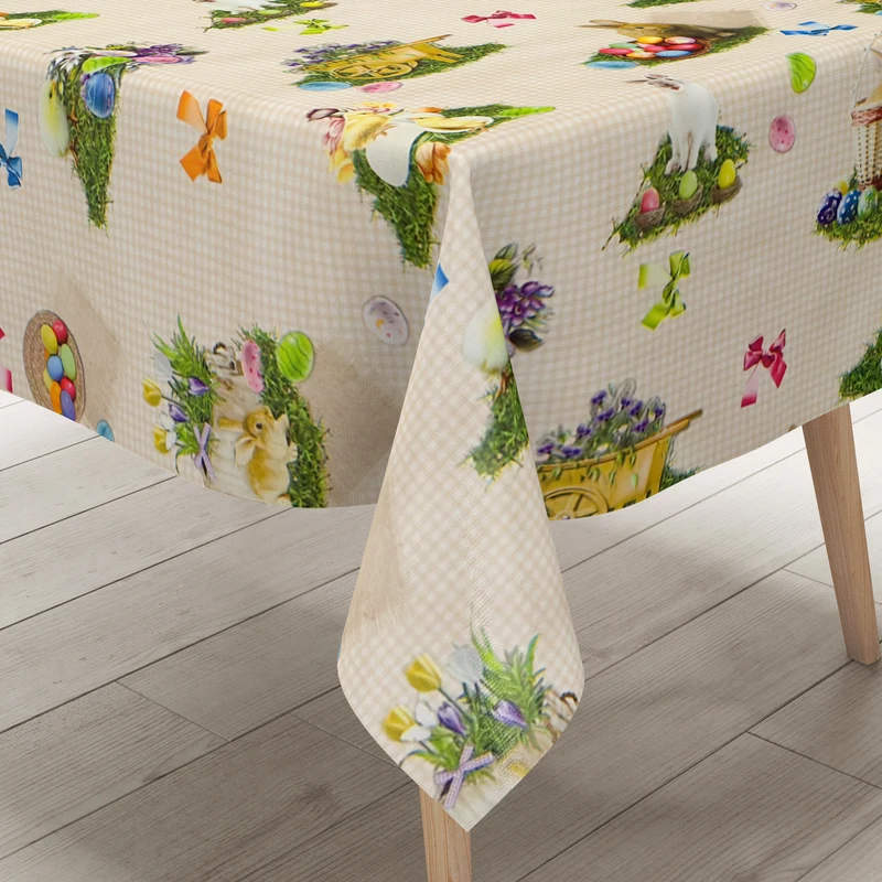 Wachstuch Tischdecke 150A beige kariert Ostern Osterhase Osterei eckig rund oval