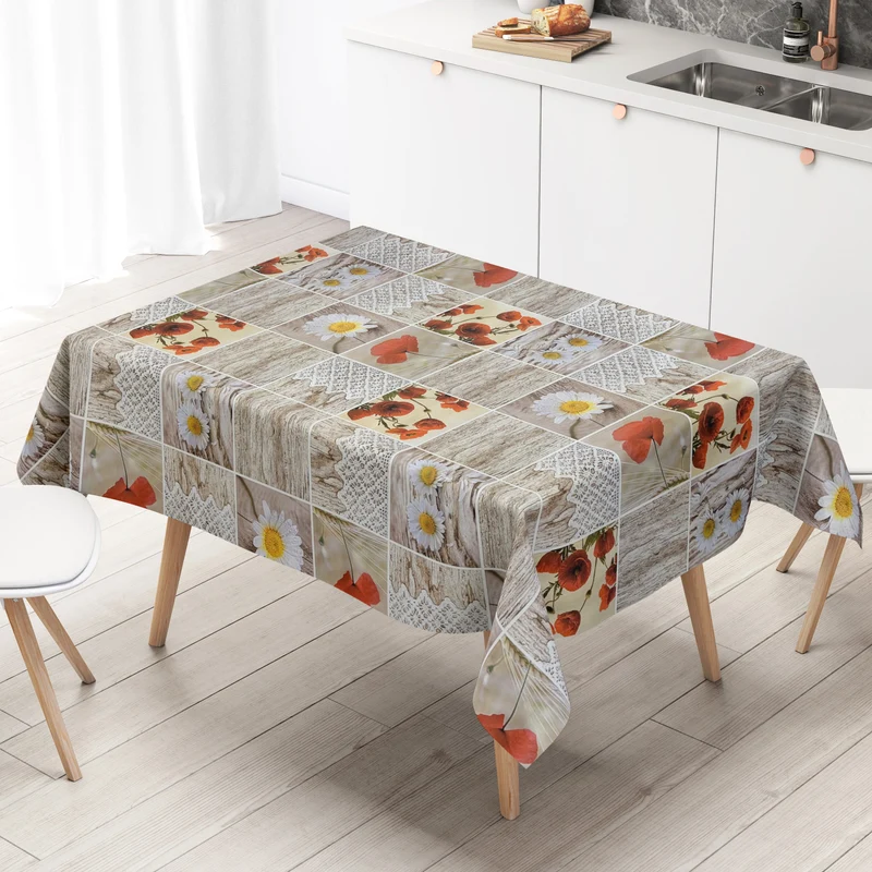 Wachstuch Tischdecke C145111 Mohnblumen Margeriten Holz Strick eckig rund oval