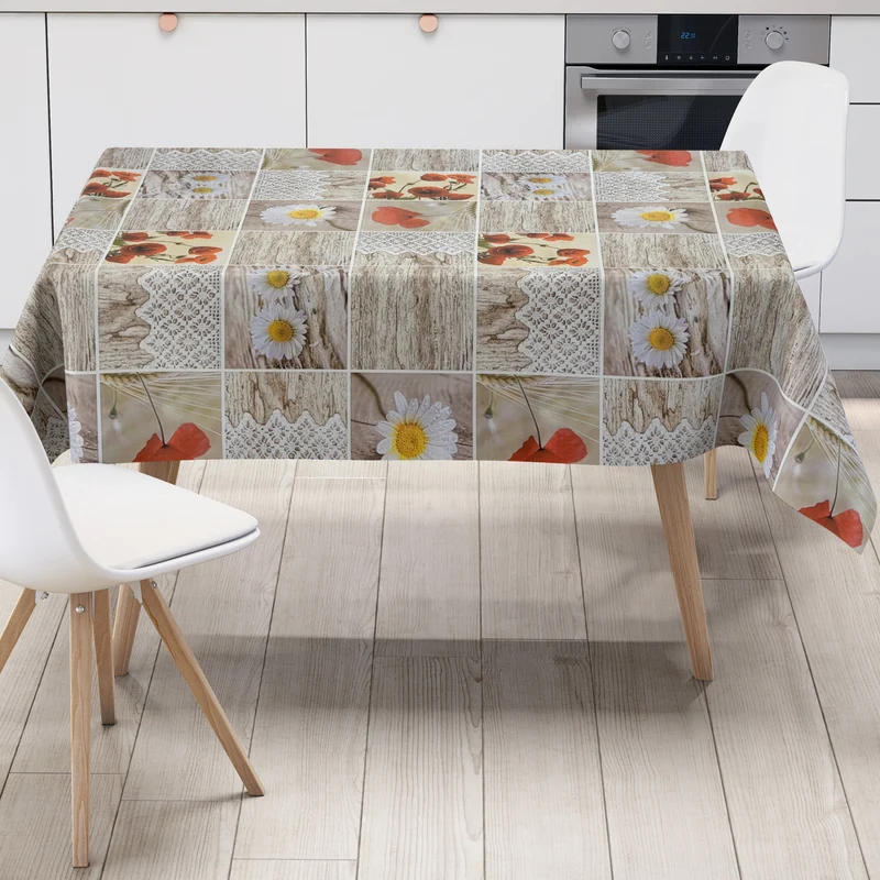 Wachstuch Tischdecke C145111 Mohnblumen Margeriten Holz Strick eckig rund oval