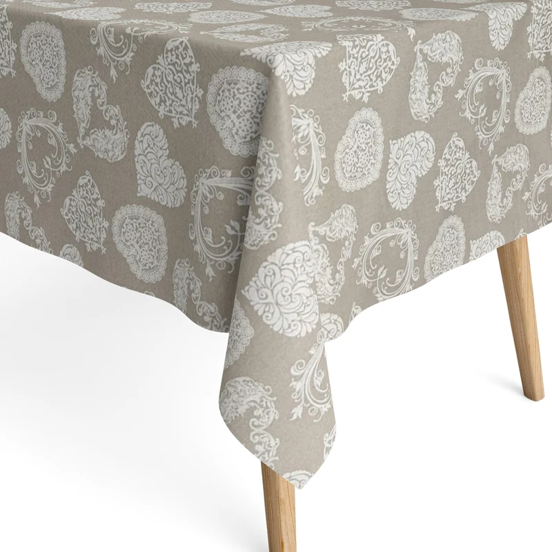Jacquard Tischdecke aus beschichteter Baumwolle mit Fleckenschutz COEUR beige Landhaus Ornamente Herzen eckig rund oval