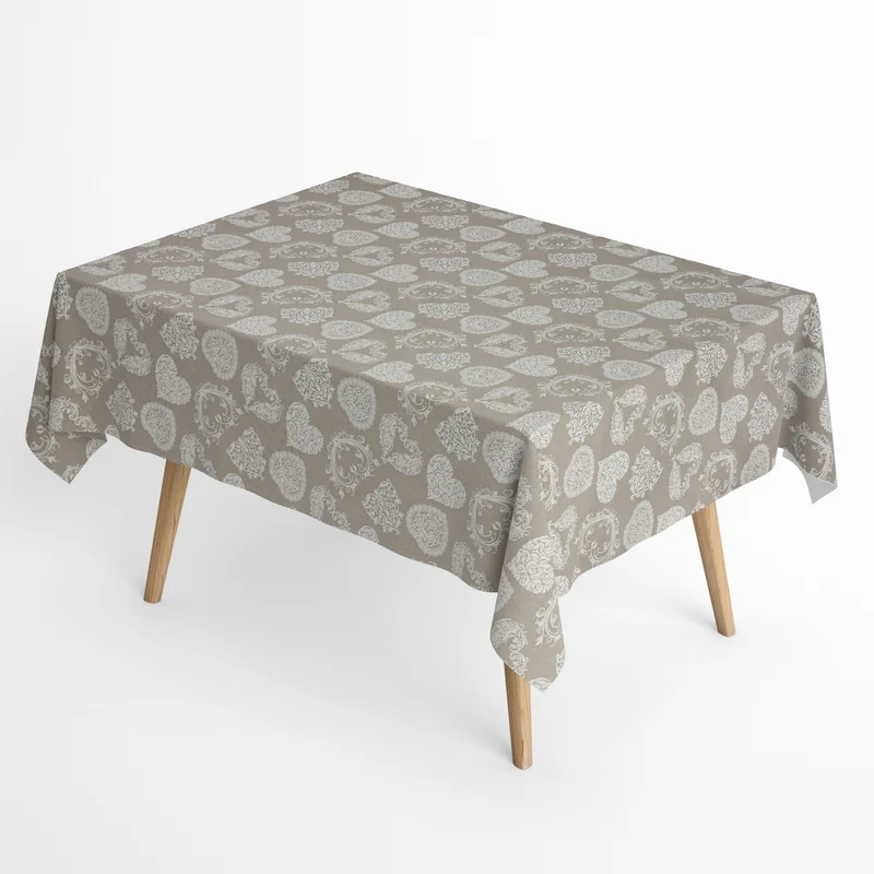 Jacquard Tischdecke aus beschichteter Baumwolle mit Fleckenschutz COEUR beige Landhaus Ornamente Herzen eckig rund oval