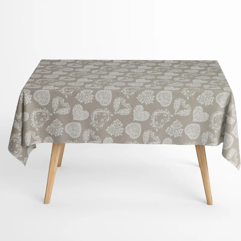 Jacquard Tischdecke aus beschichteter Baumwolle mit Fleckenschutz COEUR beige Landhaus Ornamente Herzen eckig rund oval