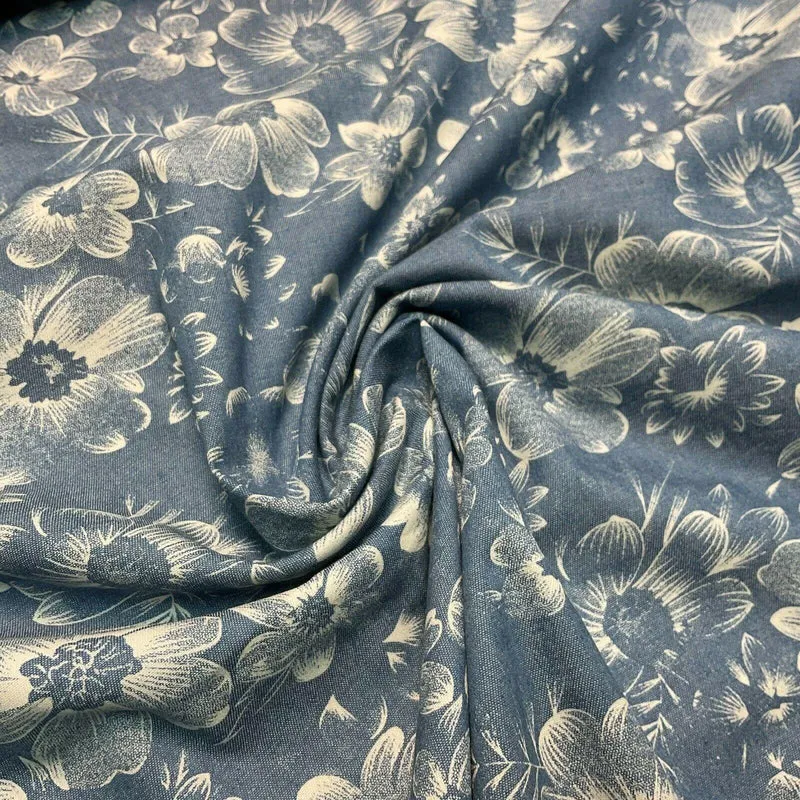 Printed 100% Cotton Chambray Denim Mixed Designs Dress Fabric 147cm M1604