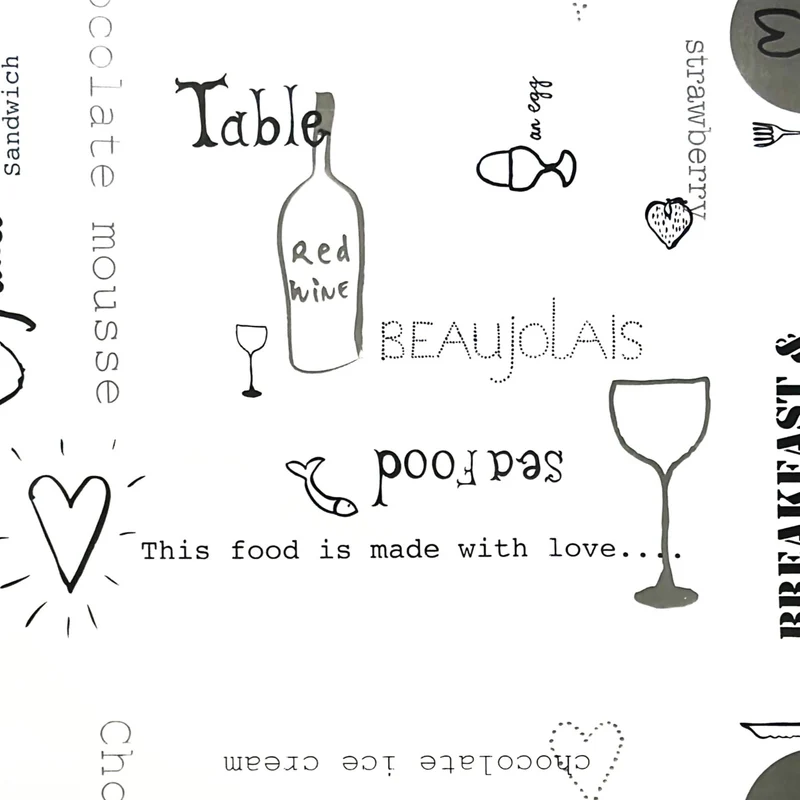 Wachstuch Tischdecke K-OZ8004 LOVE FOOD schwarz weiß eckig rund oval