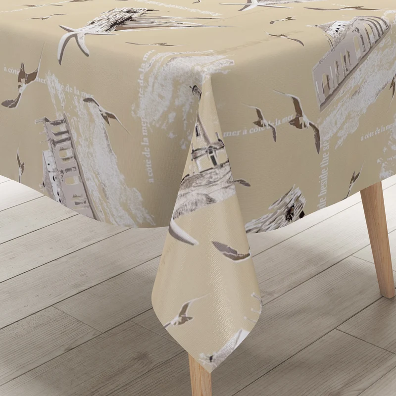 Wachstuch Tischdecke M19055 beige maritim Seesterne Möwen Leuchtturm eckig rund oval