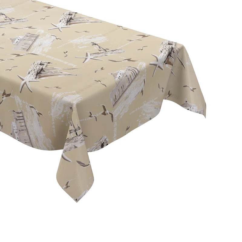 Wachstuch Tischdecke M19055 beige maritim Seesterne Möwen Leuchtturm eckig rund oval