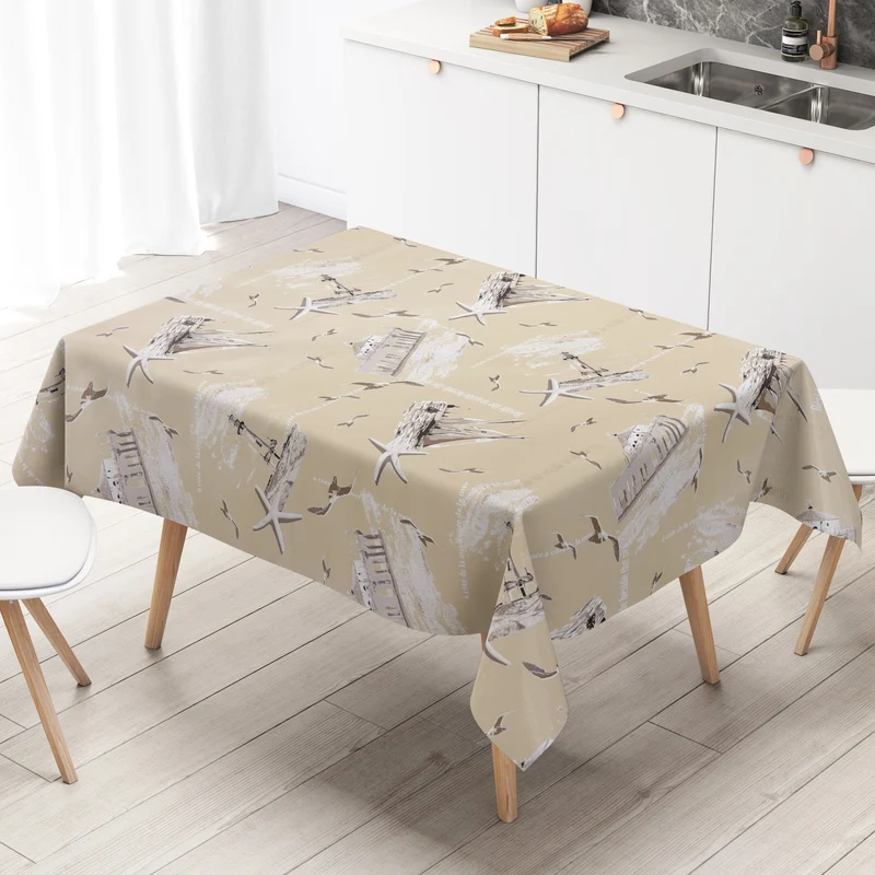 Wachstuch Tischdecke M19055 beige maritim Seesterne Möwen Leuchtturm eckig rund oval