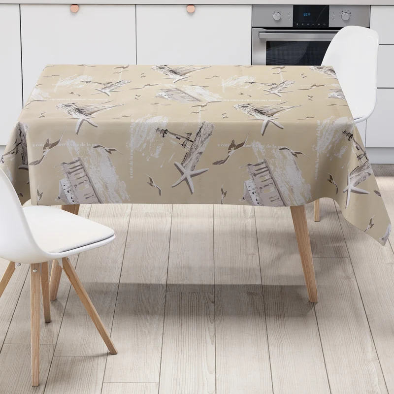 Wachstuch Tischdecke M19055 beige maritim Seesterne Möwen Leuchtturm eckig rund oval