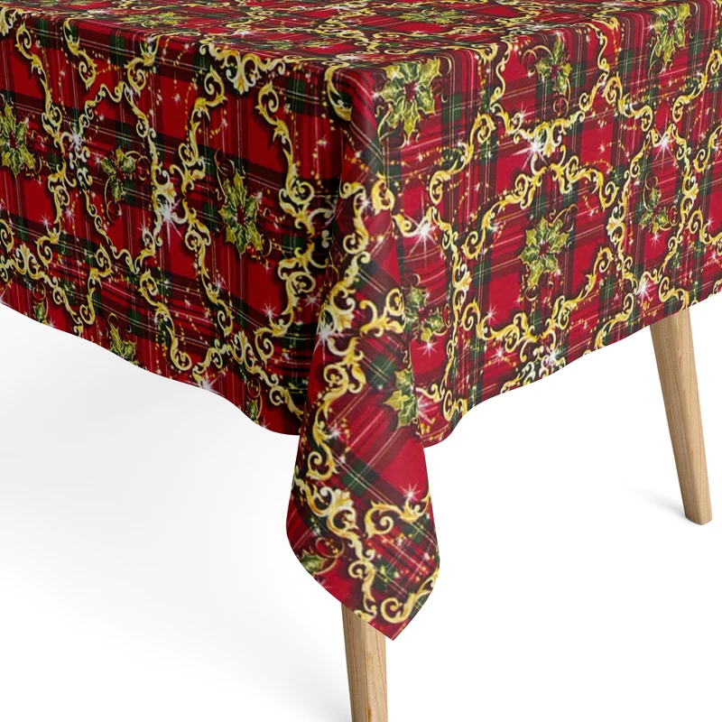 Jacquard Tischdecke aus beschichteter Baumwolle mit Fleckenschutz TARTAN ROJO Weihnachten Karo Ornamente eckig rund oval