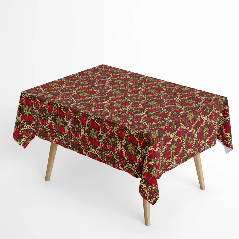 Jacquard Tischdecke aus beschichteter Baumwolle mit Fleckenschutz TARTAN ROJO Weihnachten Karo Ornamente eckig rund oval