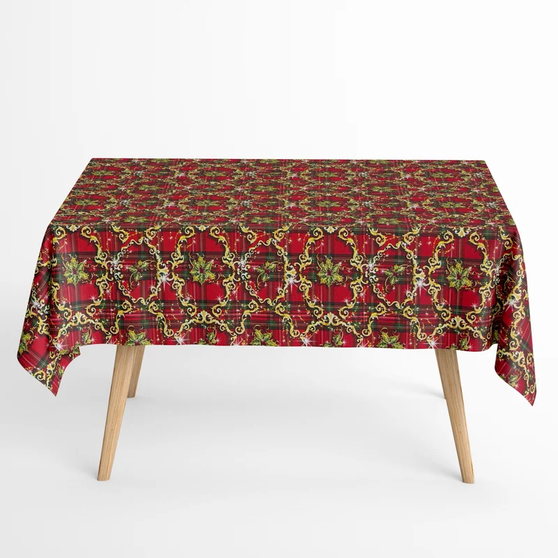 Jacquard Tischdecke aus beschichteter Baumwolle mit Fleckenschutz TARTAN ROJO Weihnachten Karo Ornamente eckig rund oval