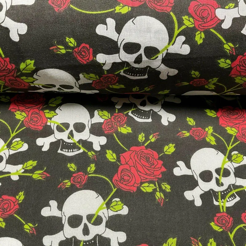 Halloween Skulls and Roses Printed Polycotton Fabric 114cm M1554