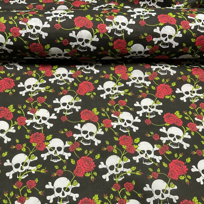Halloween Skulls and Roses Printed Polycotton Fabric 114cm M1554