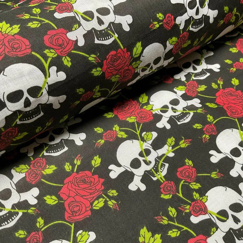 Halloween Skulls and Roses Printed Polycotton Fabric 114cm M1554