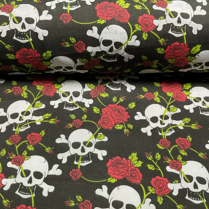 Halloween Skulls and Roses Printed Polycotton Fabric 114cm M1554