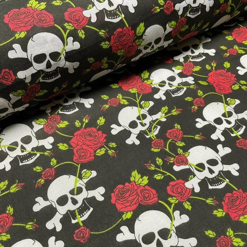 Halloween Skulls and Roses Printed Polycotton Fabric 114cm M1554