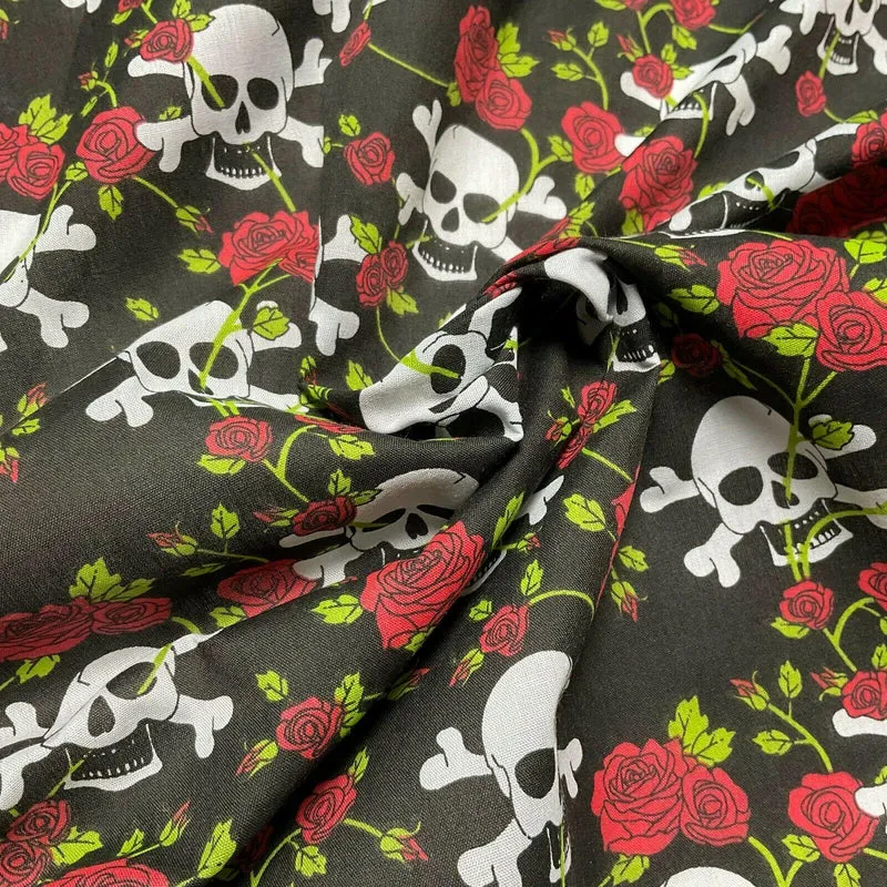 Halloween Skulls and Roses Printed Polycotton Fabric 114cm M1554