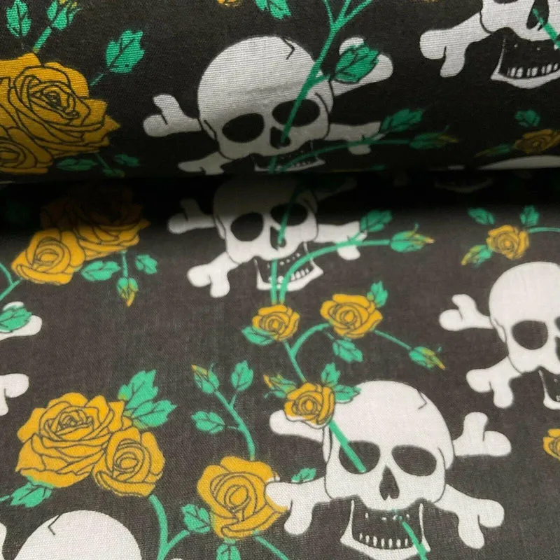 Halloween Skulls and Roses Printed Polycotton Fabric 114cm M1554