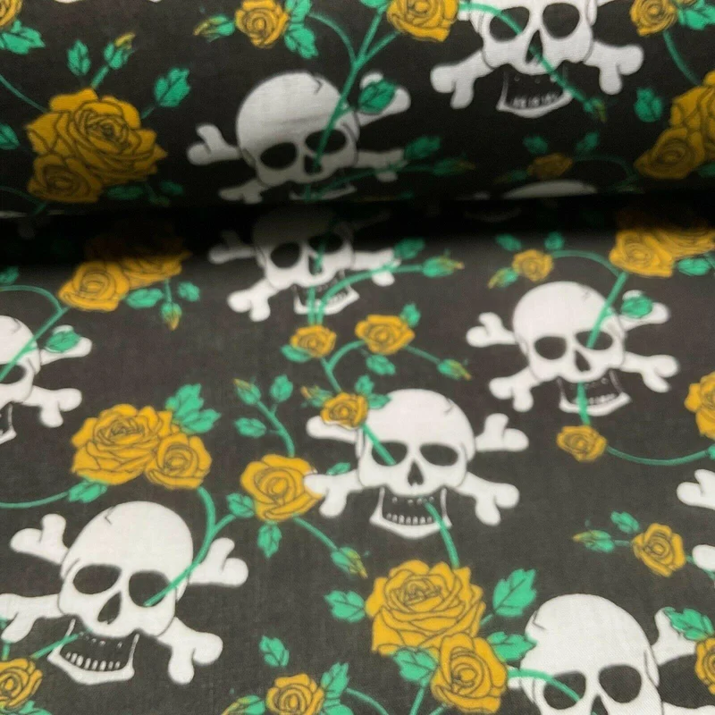 Halloween Skulls and Roses Printed Polycotton Fabric 114cm M1554