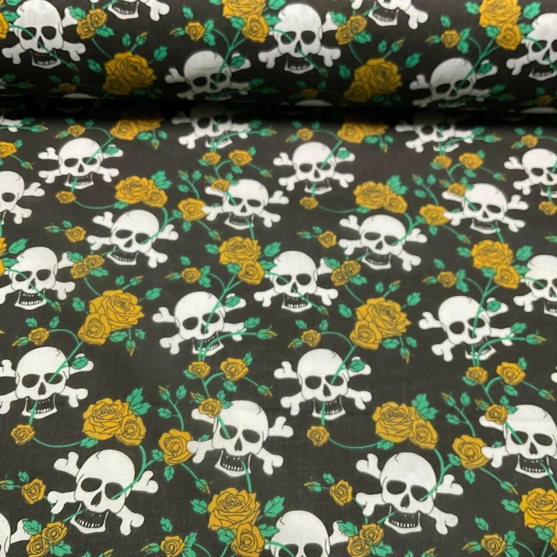 Halloween Skulls and Roses Printed Polycotton Fabric 114cm M1554