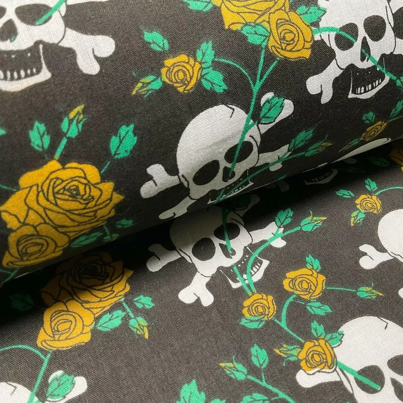 Halloween Skulls and Roses Printed Polycotton Fabric 114cm M1554