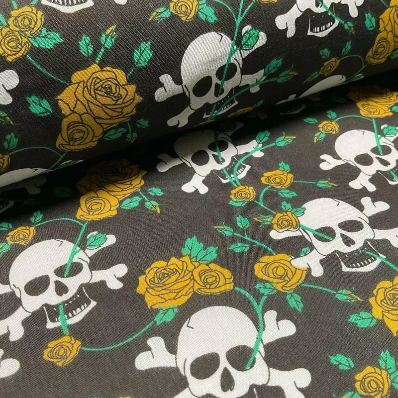 Halloween Skulls and Roses Printed Polycotton Fabric 114cm M1554