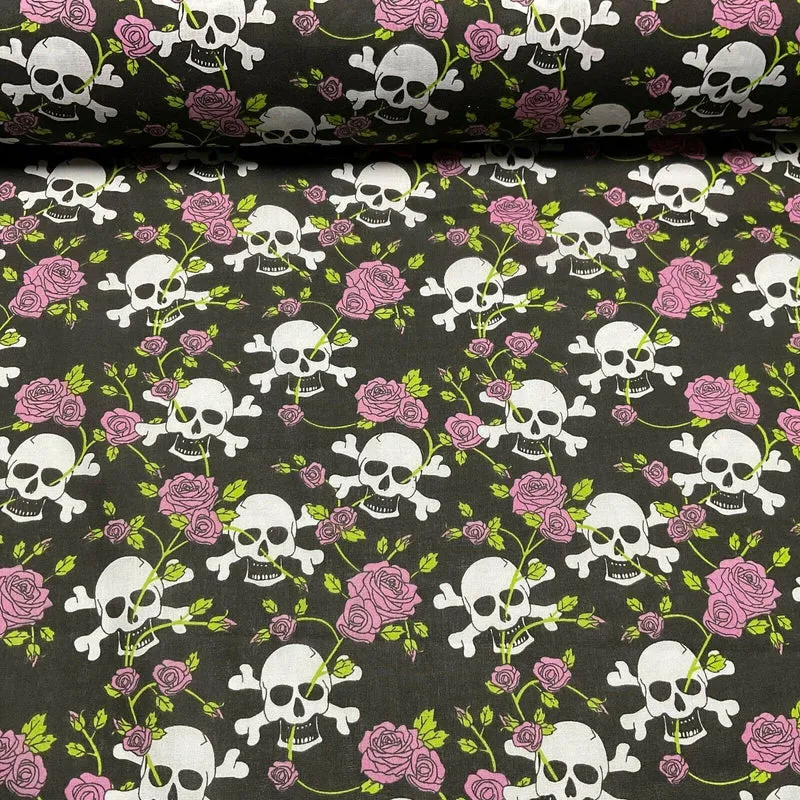 Halloween Skulls and Roses Printed Polycotton Fabric 114cm M1554