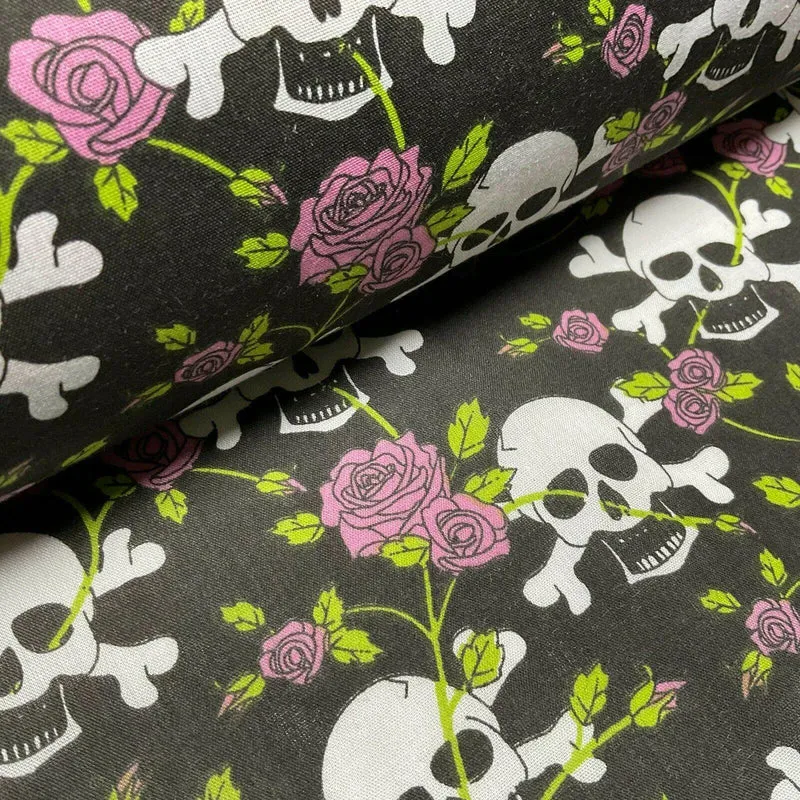 Halloween Skulls and Roses Printed Polycotton Fabric 114cm M1554