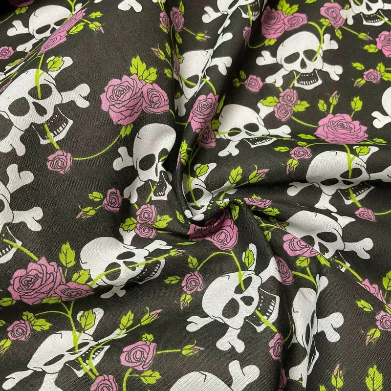 Halloween Skulls and Roses Printed Polycotton Fabric 114cm M1554