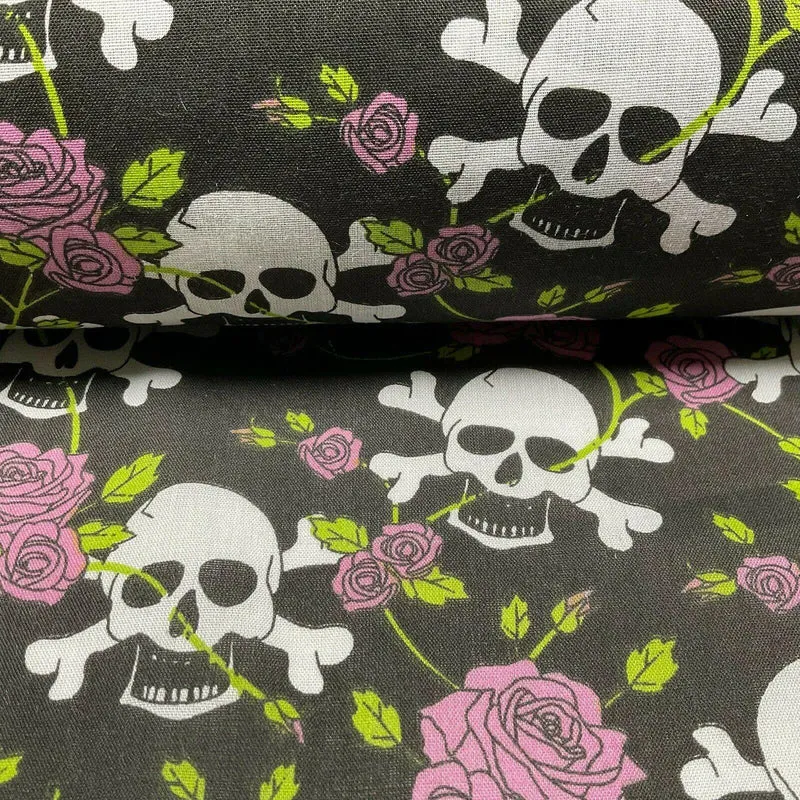 Halloween Skulls and Roses Printed Polycotton Fabric 114cm M1554