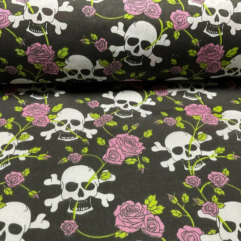 Halloween Skulls and Roses Printed Polycotton Fabric 114cm M1554