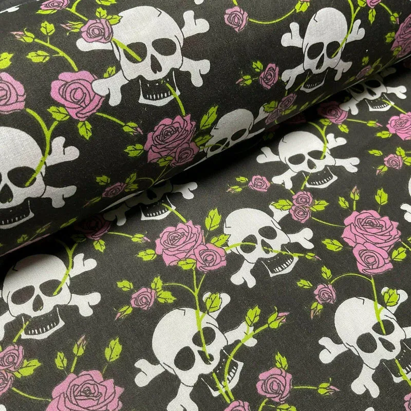 Halloween Skulls and Roses Printed Polycotton Fabric 114cm M1554