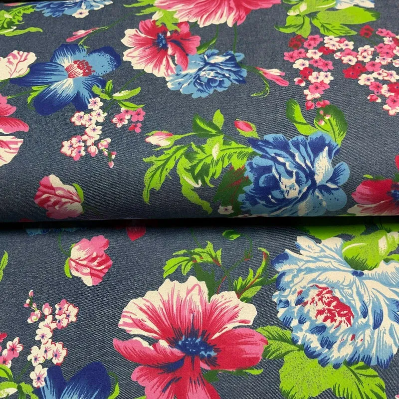 Floral Printed Cotton Chambray Denim Dress Fabric 147cm M1604