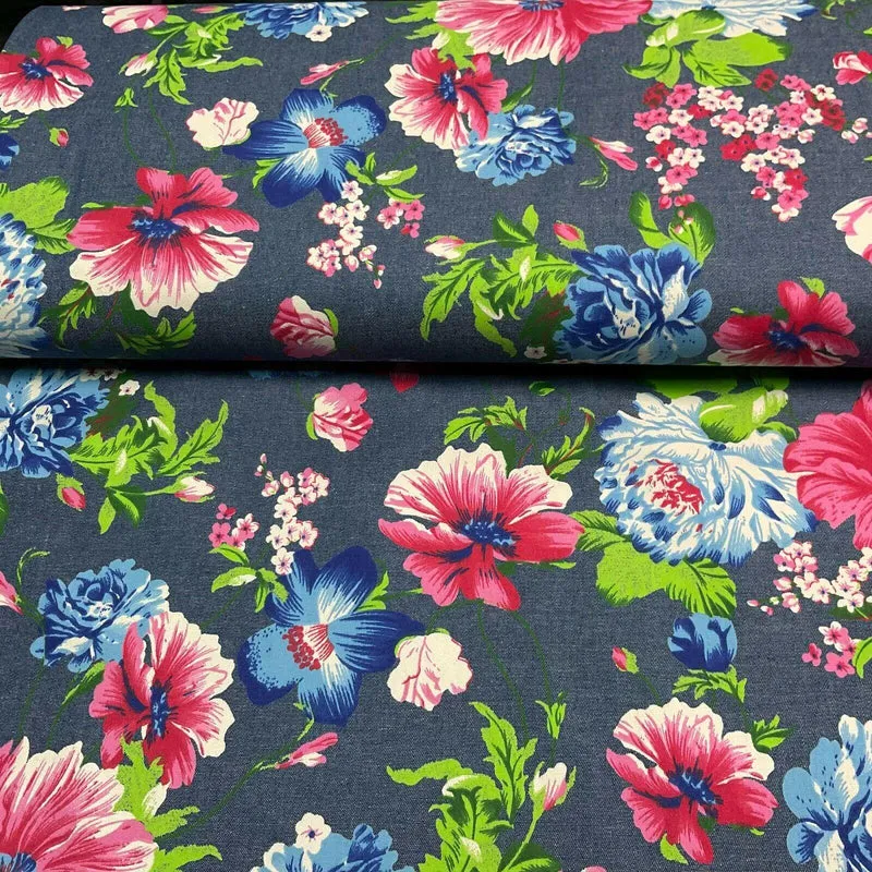 Floral Printed Cotton Chambray Denim Dress Fabric 147cm M1604