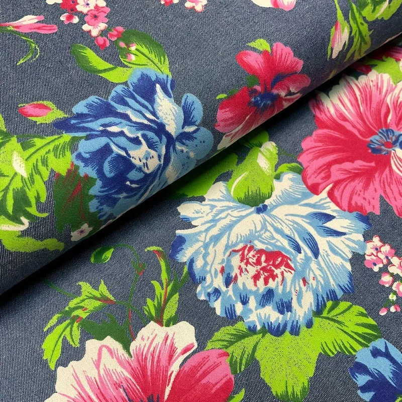 Floral Printed Cotton Chambray Denim Dress Fabric 147cm M1604