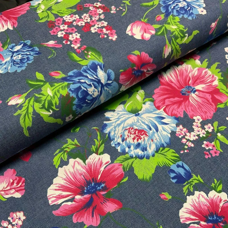 Floral Printed Cotton Chambray Denim Dress Fabric 147cm M1604