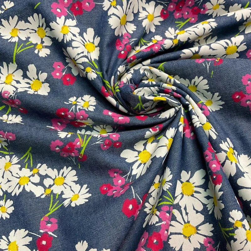 Floral Printed Cotton Chambray Denim Dress Fabric 147cm M1604