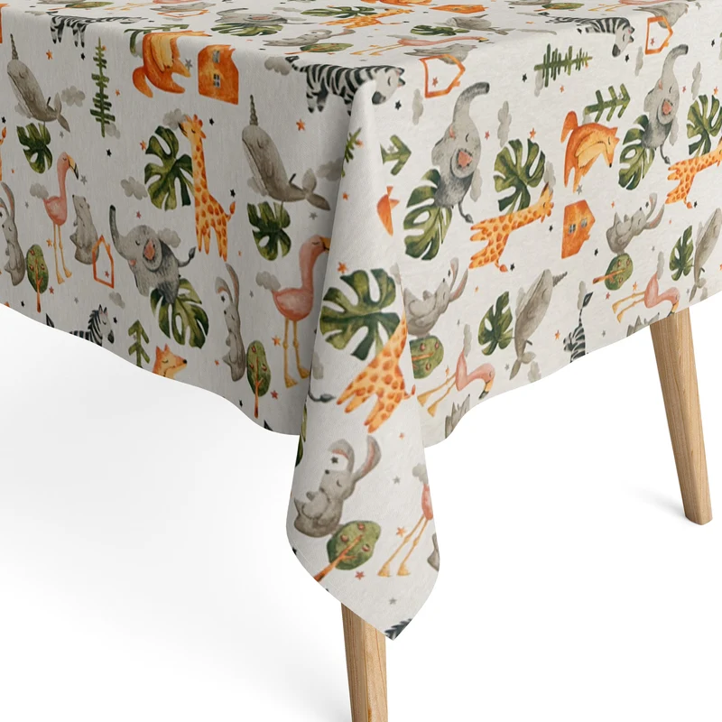 Jacquard Tischdecke aus beschichteter Baumwolle mit Fleckenschutz JUNIOR Zoo Kids Elefant Zebra Giraffe eckig rund oval