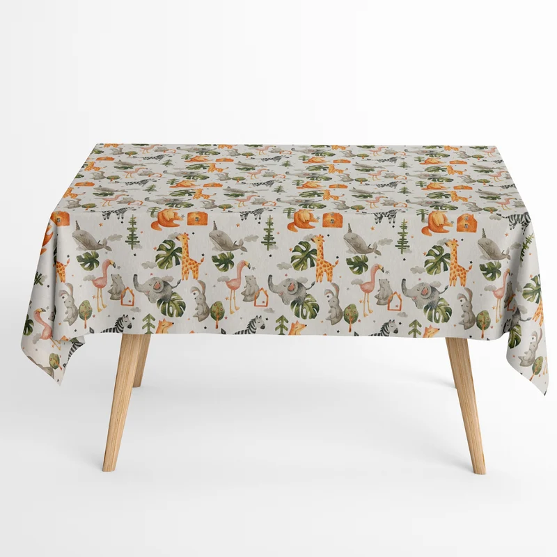 Jacquard Tischdecke aus beschichteter Baumwolle mit Fleckenschutz JUNIOR Zoo Kids Elefant Zebra Giraffe eckig rund oval