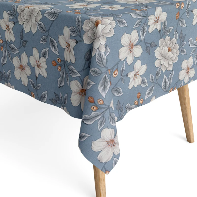 Jacquard Tischdecke aus beschichteter Baumwolle mit Fleckenschutz MONET AZUL Blumen floral auf blau eckig rund oval