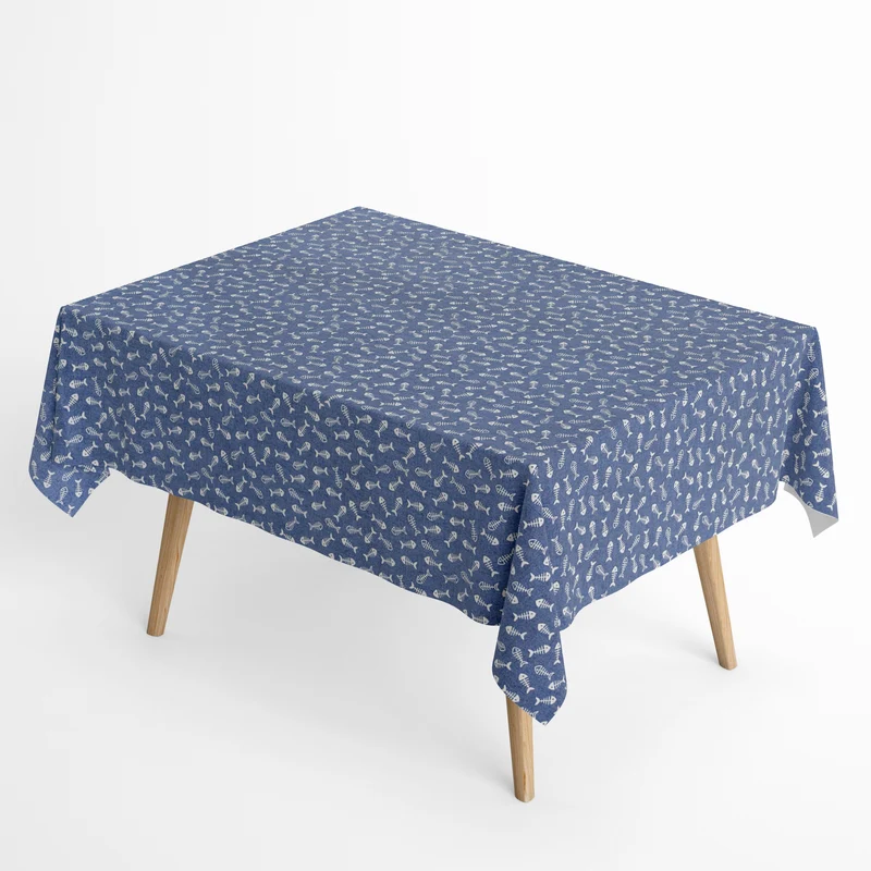 Jacquard Tischdecke aus beschichteter Baumwolle mit Fleckenschutz RASPAS AZUL maritim Fische eckig rund oval
