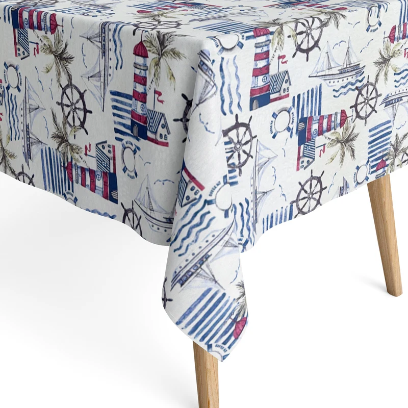 Jacquard Tischdecke aus beschichteter Baumwolle mit Fleckenschutz LIGHTHOUSE martim Leuchtturm Segelschiff eckig rund oval