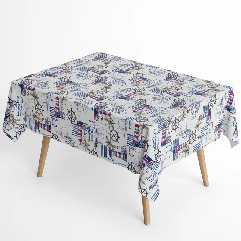 Jacquard Tischdecke aus beschichteter Baumwolle mit Fleckenschutz LIGHTHOUSE martim Leuchtturm Segelschiff eckig rund oval