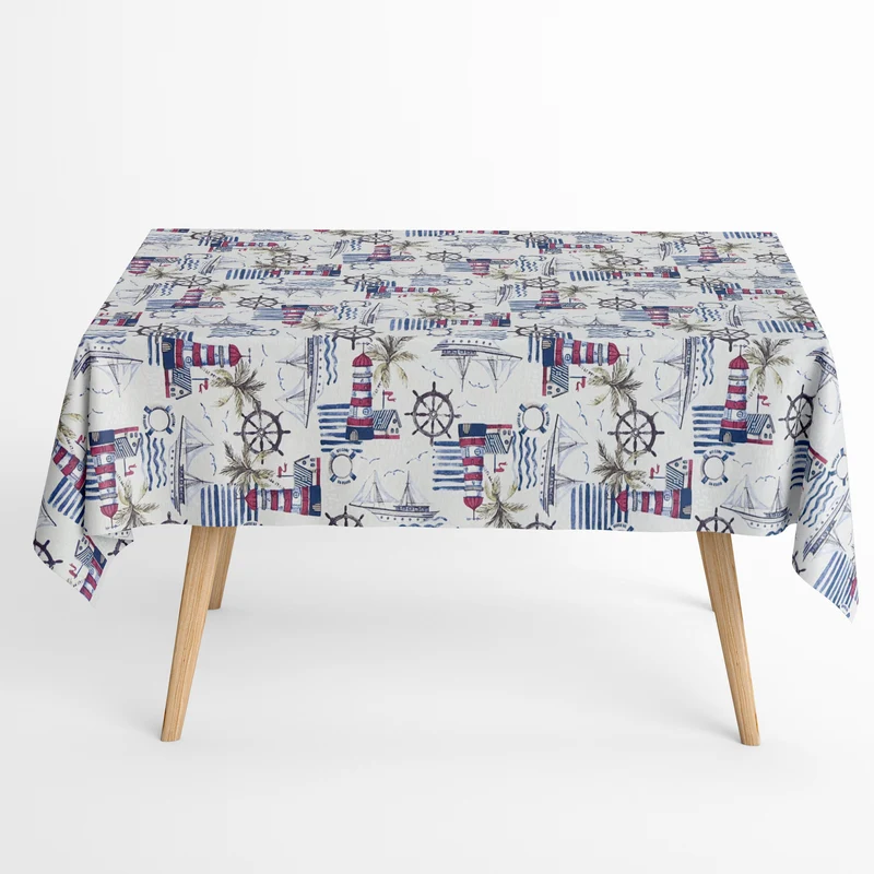 Jacquard Tischdecke aus beschichteter Baumwolle mit Fleckenschutz LIGHTHOUSE martim Leuchtturm Segelschiff eckig rund oval