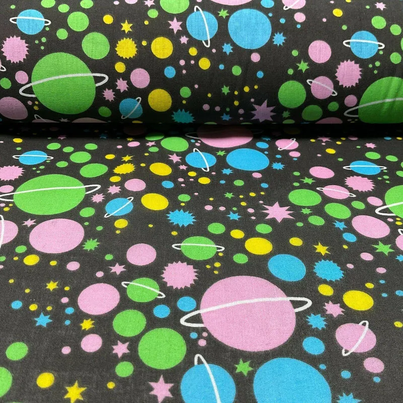 Universe Space Saturn Solar Star Planets Printed Polycotton fabric 114cm M1555